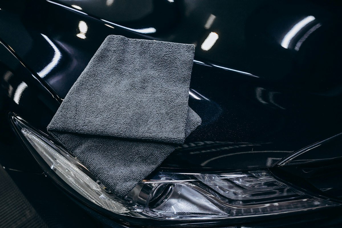 Grey microfiber towel on the glossy hood of a car
